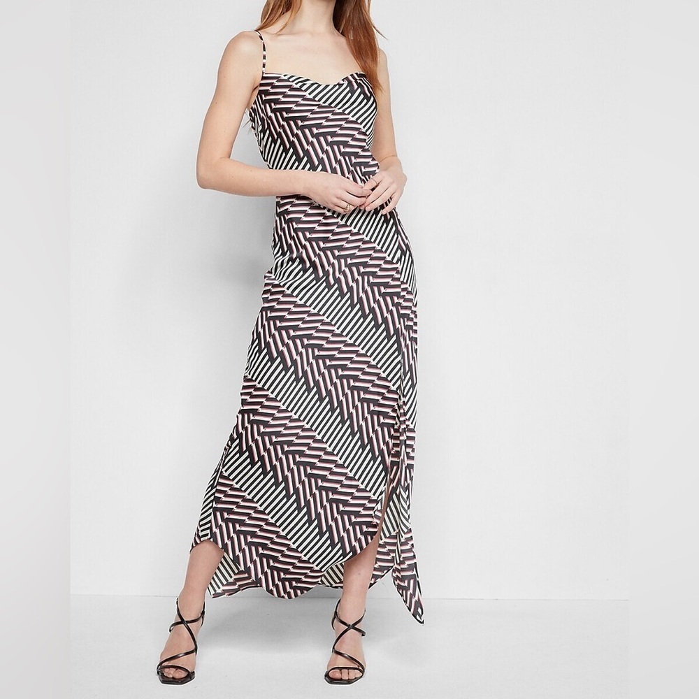 NEW EXPRESS ABSTRACT PRINT SATIN COWL NECK MAXI SLIP DRESS SZ Small
